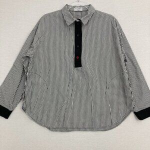 Terra Black White Striped Pockets Preppy Cotton Relaxed Popover Top Large